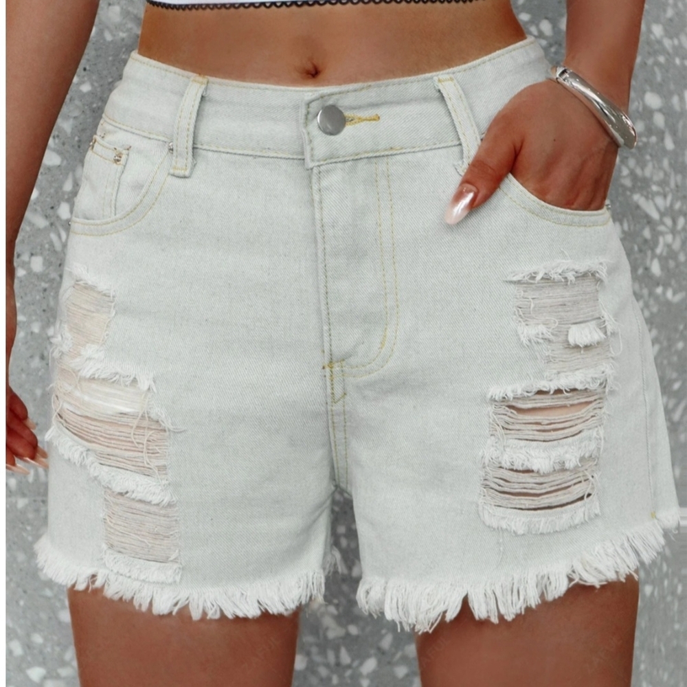 Distressed White Denim Shorts